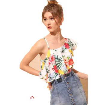 

Summer European and American New Fruit Print Vacation Shirt Oblique Shoulder Strap Women Blouses