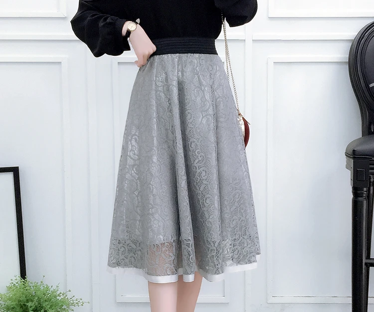 BLLOCUE New 2020 High Waist Mesh Fluffy Skirt Spring Women Fashion Hollow Lace A-line Midi Skirt nike skirt