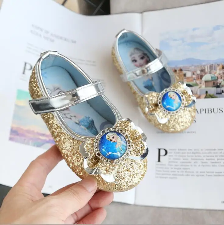 Spring new girls high heels Princess Elsa shoes cartoon children non-slip baby Shiny paillette dance shoes