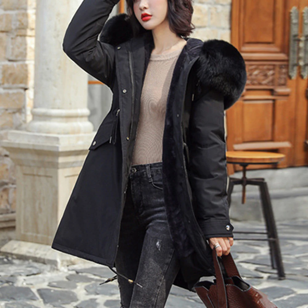 Модное теплое пальто для женщин, водонепроницаемая куртка с хлопковой подкладкой, тонкое длинное пальто для женщин, Зимняя парка с большим меховым капюшоном размера плюс - Цвет: Black
