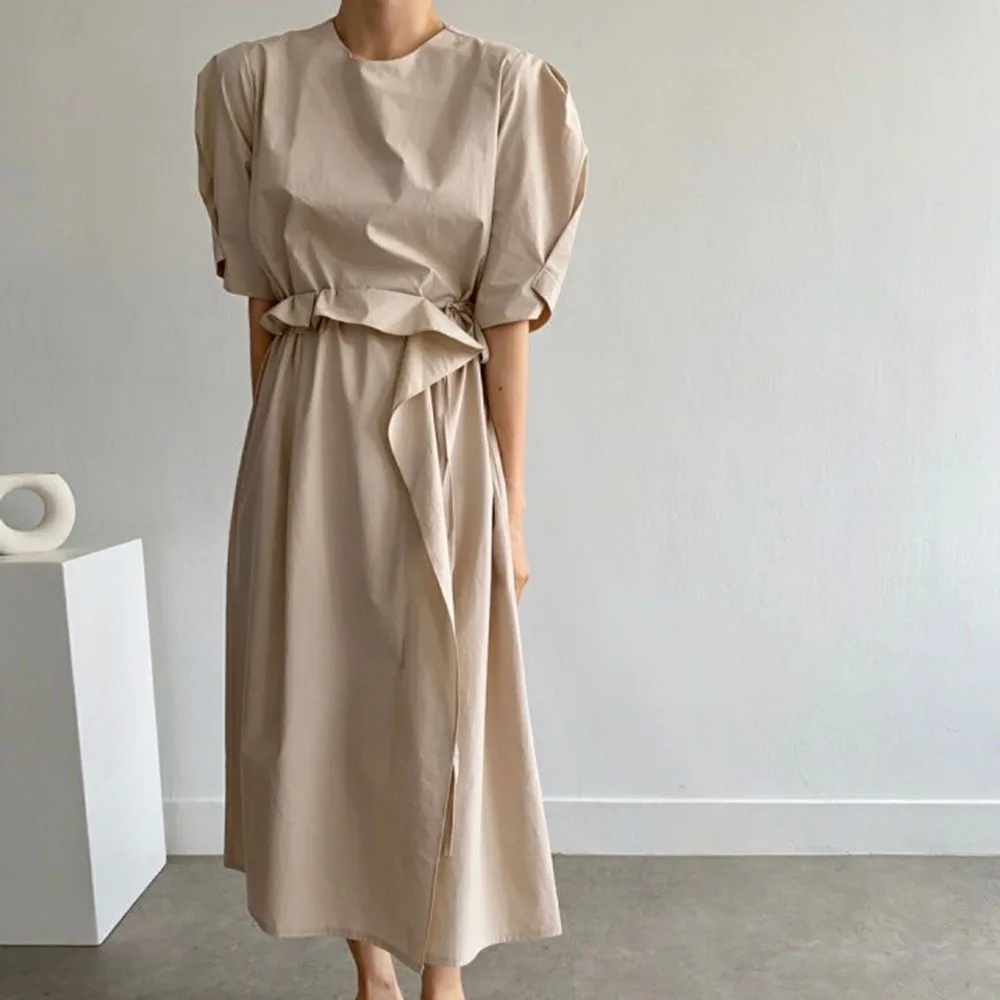 2021 Summer New Simple Retro Lace Solid Color Puff Sleeve Round Neck Women's Dress Temperament Korean Fashion Casual