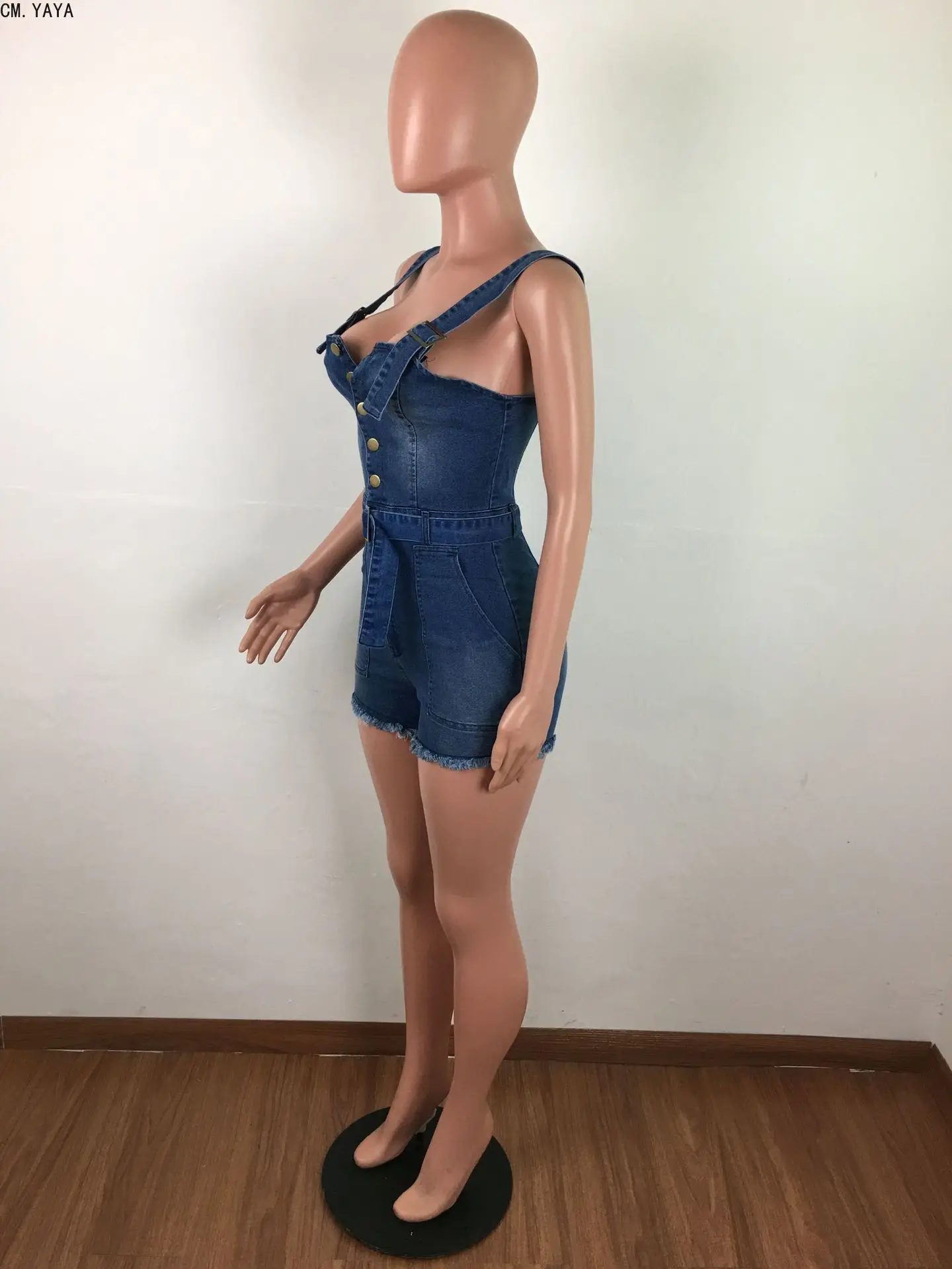 CM.YAYA, летний модный джинсовый комбинезон, сексуальный, облегающий, без рукавов, с открытой спиной, с поясом, ромперы на пуговицах, женский, небесно-голубой цвет, CM5019