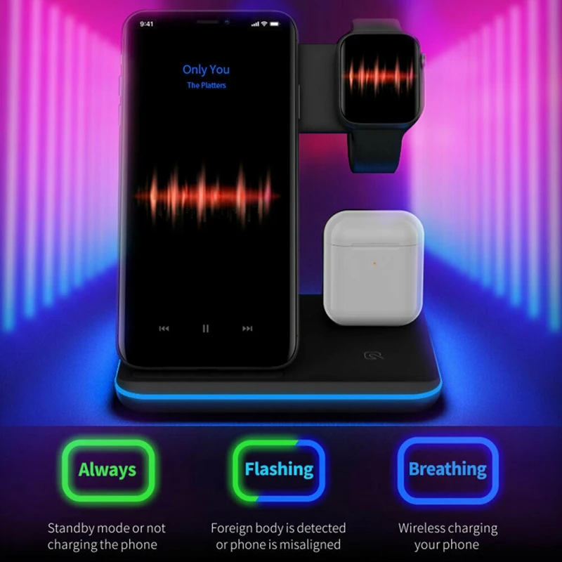 15W 3 in 1 Qi Wireless Fast Charger Dock Stand for Apple Watch Airpods IPhone 11