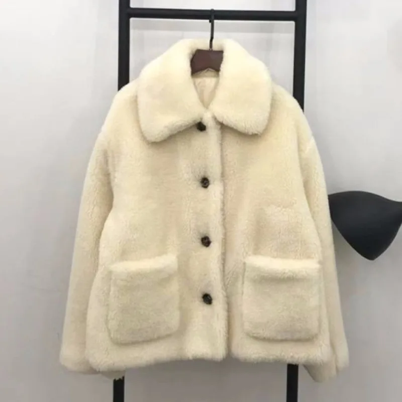 Однотонные плюшевые пальто из овечьей шерсти с отложным воротником, свободная женская зимняя толстая верхняя одежда, пальто и куртки из искусственного меха, женские куртки-Тедди