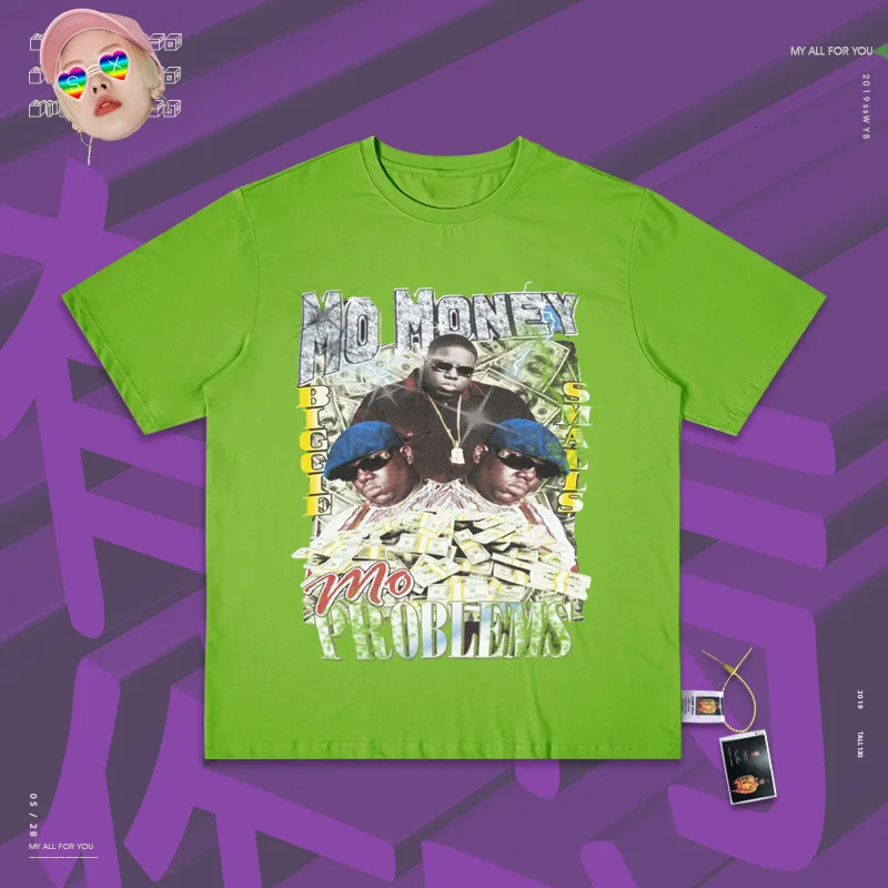 Футболки Camiseta Топы Harajuku street Mujer уникальный круглый вырез деньги местный магнат сплайсинга плакат магнат - Цвет: fluorescence green