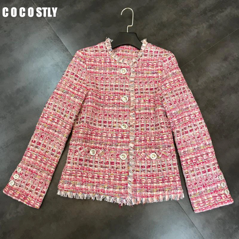 

High Quality Pink Plaid Jackets Women Jacket Tweed Overcoat 2019 Autumn Tassel Long Sleeve Jacket Coat Fashion Runway Coats