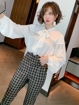 

Bowknot streamer beaded tassel shirt + high-waist straight-leg check pants suit women's 2020 autumn new