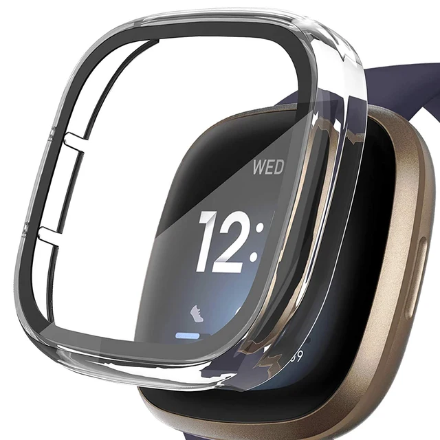 Ultra-Thin Glass Screen Protector Compatible With Fitbit Versa 3/Sense Soft Protective Case All-Around Full Cover Bumper Shell Transparent