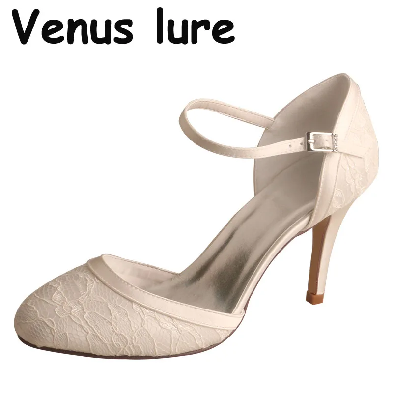 

Venus lure Ivory Lace Shoes with High Heel Wedding Bridal Closed Toe no tie Shoe Laces
