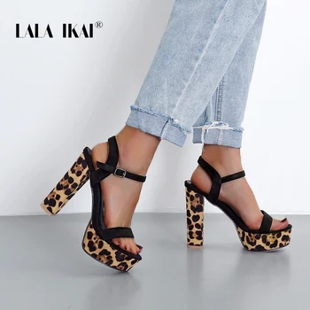 

LALA IKAI Women Sandals Summer Block 12 CM Super High Heels Buckle Platform Sexy Leopard Sandals Zapatos de mujer XWC6877-4