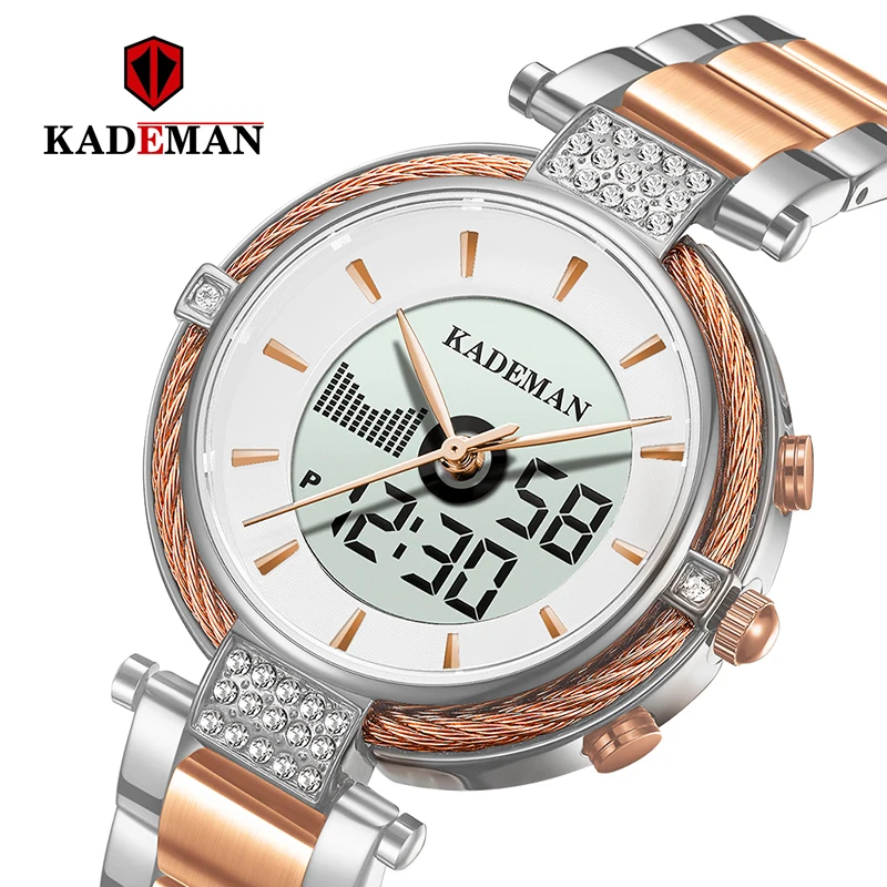 

Kademan Relojes Para Mujer Fashion Women Watches Digital Dual Display Quartz Watch Stainless Steel Waterproof Dress Wristwatch