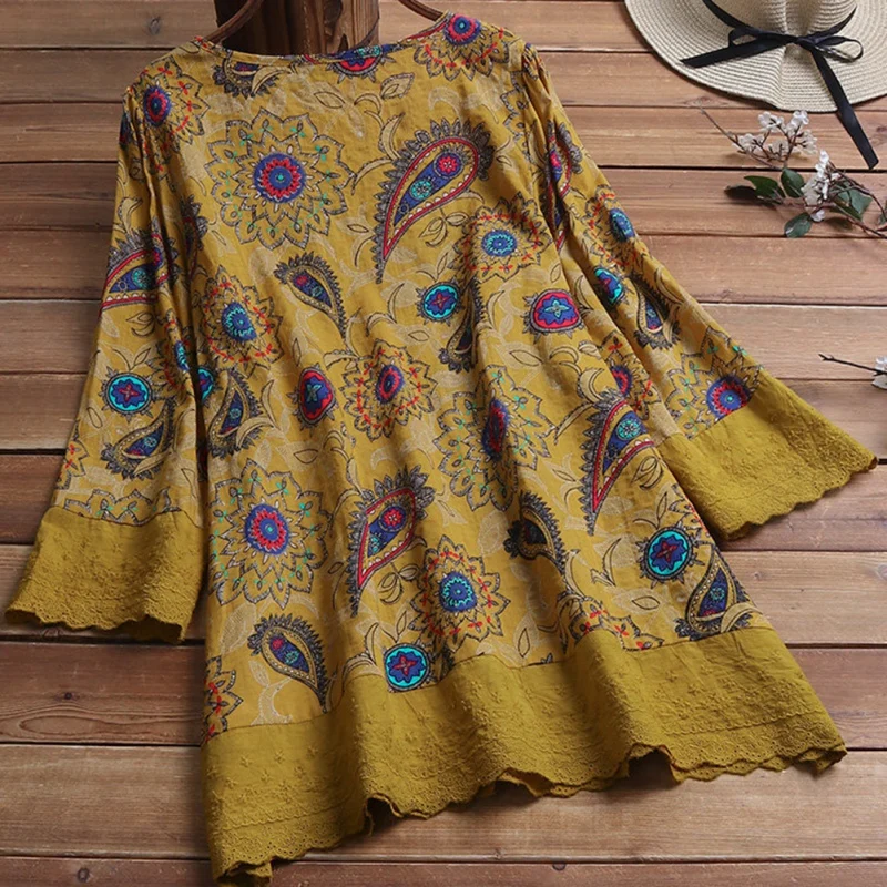 Большие размеры Летняя мода Boho Хлопок Лен с рисунком блуза, Топ Свободный Топ Женская рубашка с длинными рукавами Blusas Femininas пуловер