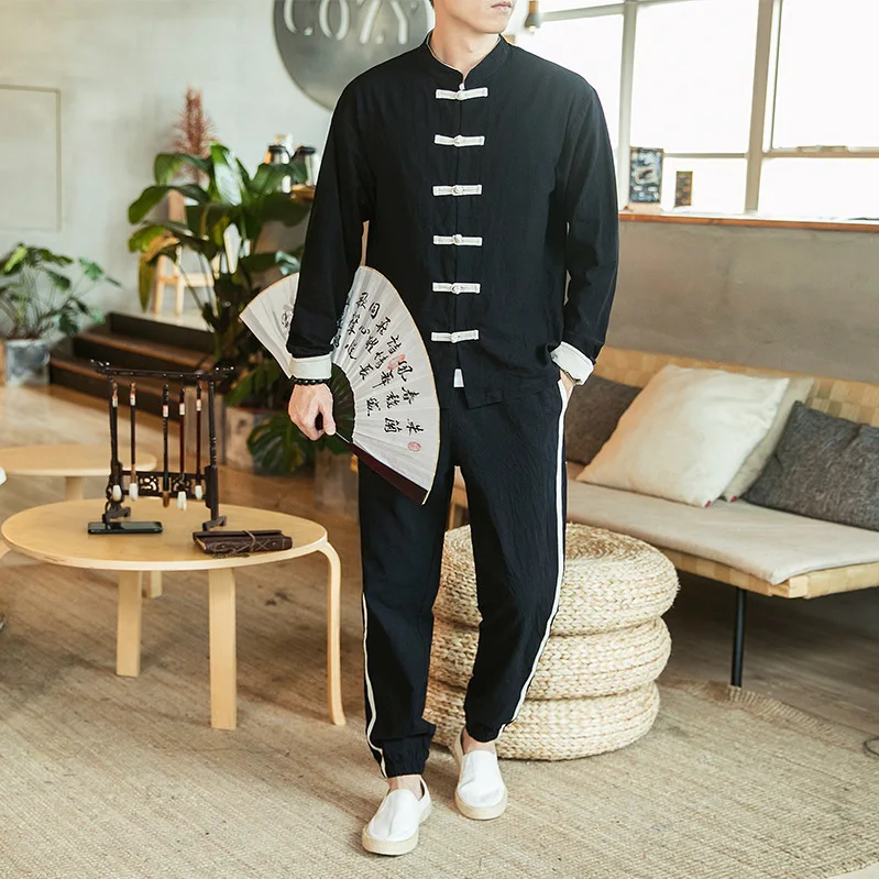 

Chinese Style Chinese Costume Chinese-style Spring And Autumn Fashion Set Men Casual Loose-Fit Frog Tops Cotton Linen Trousers