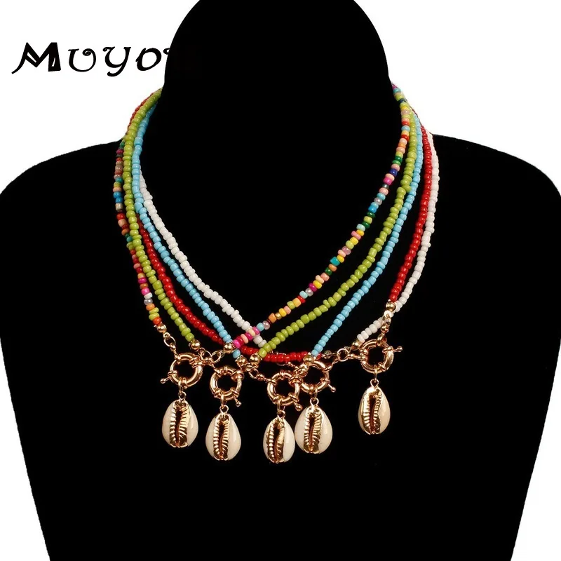 Женское Ожерелье с кулоном в богемном стиле разноцветными бусинами и ракушками