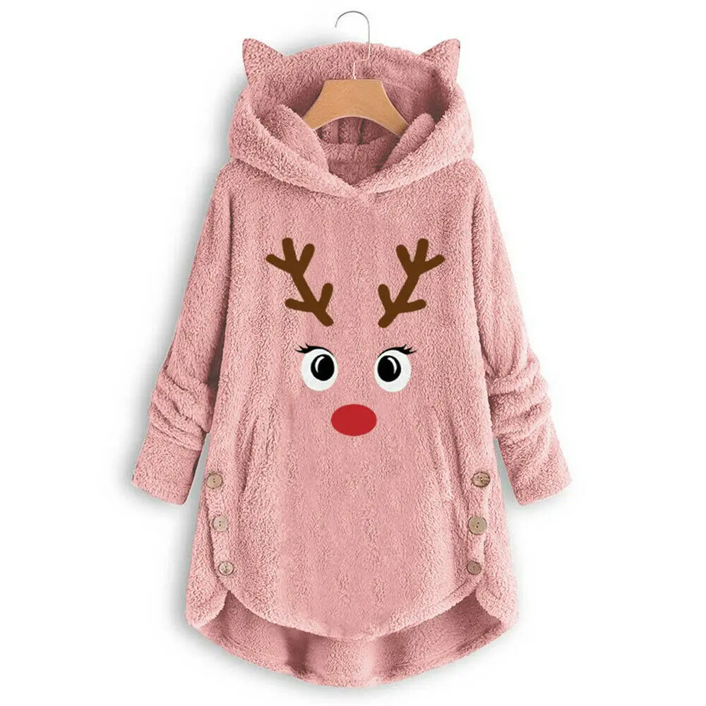 Hirigin Женская одежда для сна с рисунком рождественского оленя, с капюшоном мягкий пушистый мех пижамы дамы свитер джемпер Рождество Новое поступление одежда