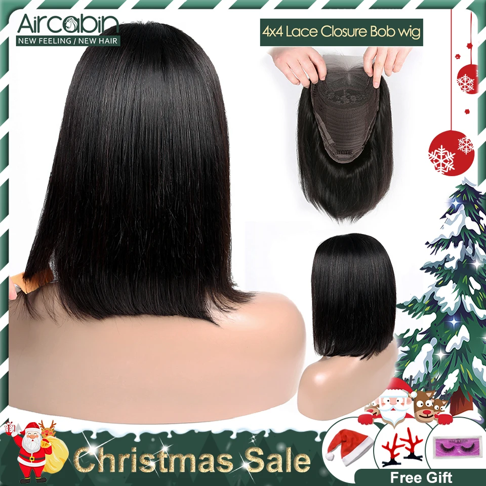 Aircabin 4x4 Short Lace Closure Human Hair Wigs 8"-16" Bob Wig For Black Women Natural Color Peruvian Low Ratio Non-Remy Hair