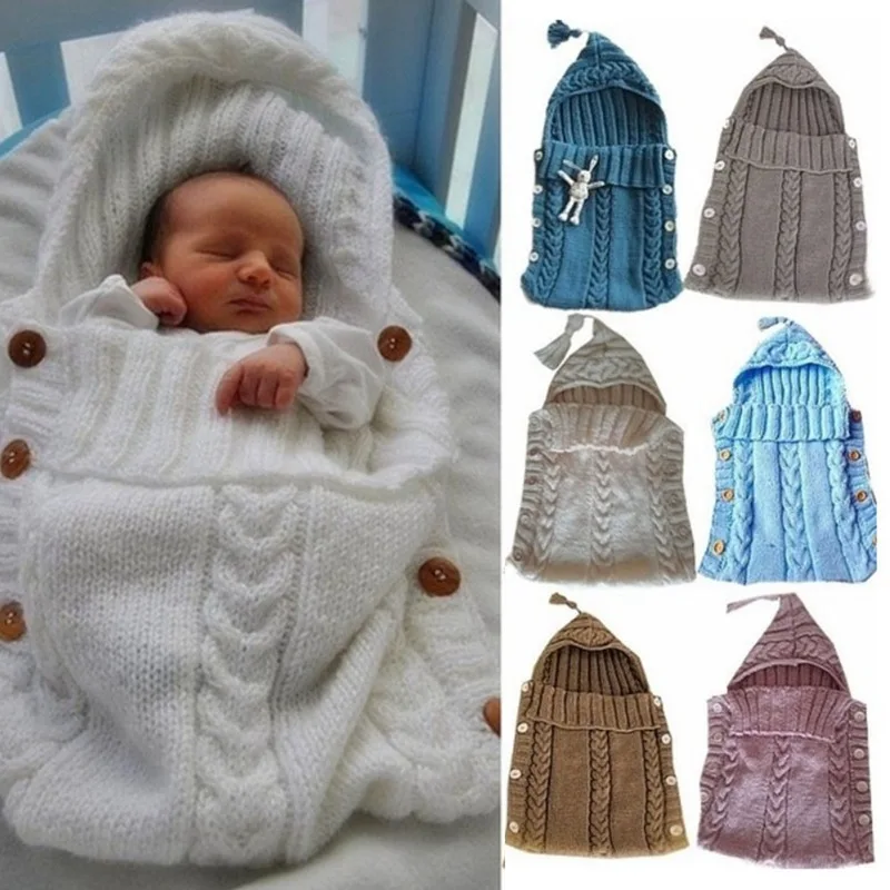 Newborn Baby Knitting Wool Crochet Sleeping Bag Button Swaddle Wrap Swaddling Blanket With Hat Soft Warm Accessories