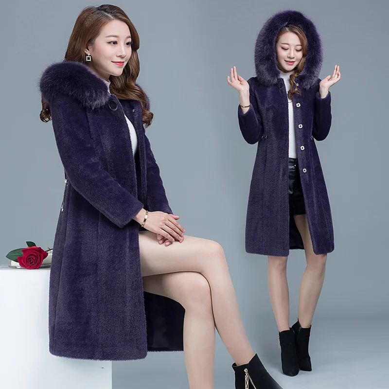 Woolen Coat Wwomen Long Jacket New Autumn Winter Mink Cashmere Slim Coat Female Overcoat Thick Hooded Coat Women AN390 - Цвет: purple