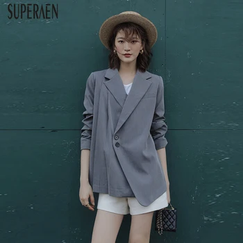

SuperAen Women Suit Jackets 2020 New Spring Solid Color Cotton Ladies Jackets Irregular Long Sleeve Temperament Women Clothing
