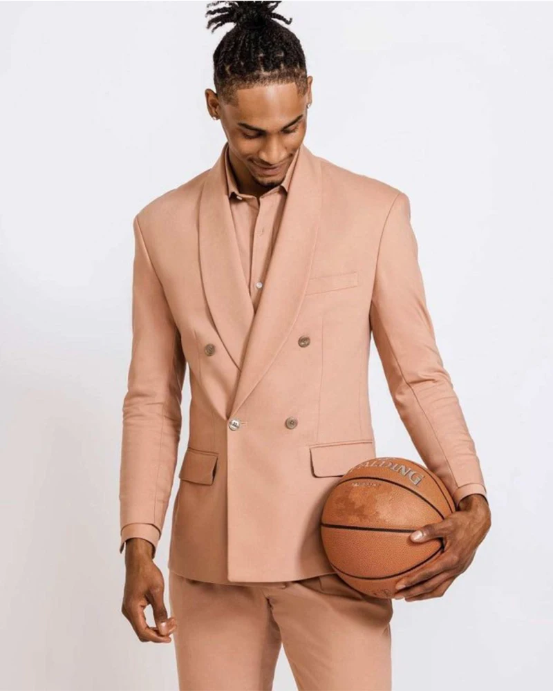 

Stylish Double Breasted Costume Homme Full Men Suits Wedding Light Pink Blazer 2Pcs Jacket Pants Bridegroom Groomsmen Clothing
