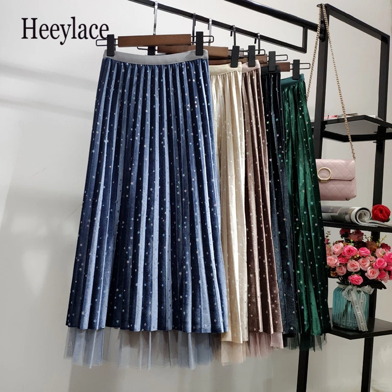 

2019 Autumn Winter Women Maxi Skirts Velvet Pleated Skirts With Mesh Patchwork Femme High Waist Elastic Long Skirts