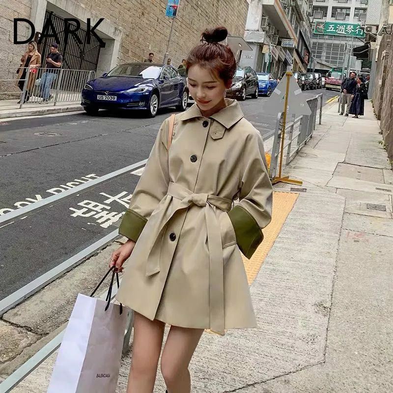

[DARK] Windbreaker Women's 2020 Autumn New Mid-length Korean Style Loose Waist Small Trendy Coat