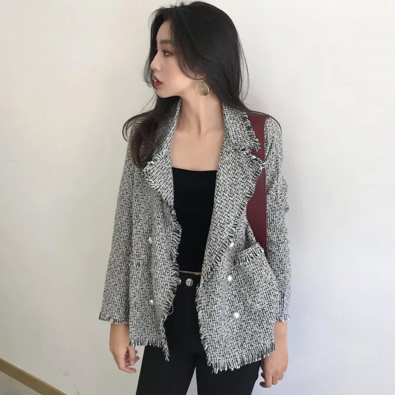 

2018 Spring Clothing New Style Hong Kong Flavor CHIC Wind Fold-down Collar Suit Jacket Loose-Fit Long Sleeve Tassels Edge Blazer