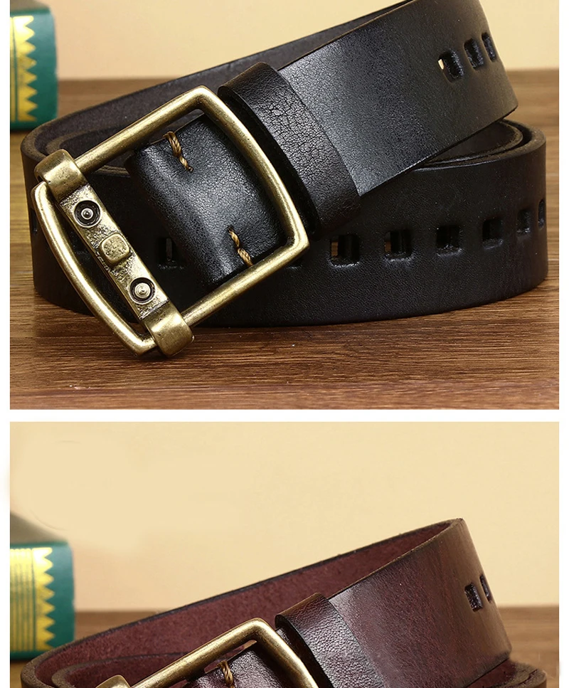 Smooth Pin Buckle Belt Male Individual High Quality Genuine Leather Belts Pure Copper Cowhide Youth Yetro Vintage Jeans Belt blue leather belt