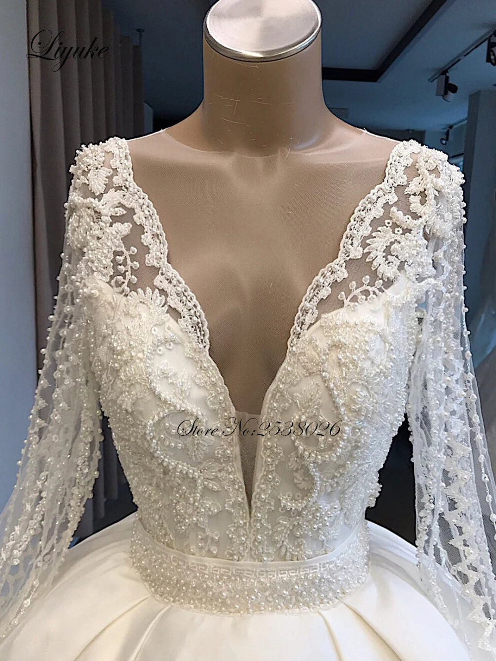 Liyuke Real Photos A Line Wedding Dress Ivory Satin Skirt Full Sleeve  Bling Bling Plearls Bridal Dress 3