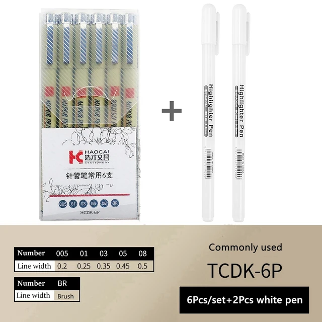 Pigment Liner Micron Ink Art Marker Pen Calligraphy Brush Pens Black Fineliner Sketching Manga Drawing Hand Lettering White Pen 8Pcs set B-2