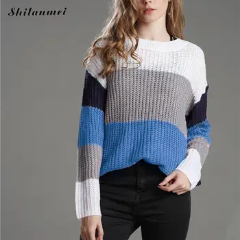 

Women Sweater Autumn Winter Long Sleeve Jumper 2019 Patchwork Knitted Pullover Loose Fashion Color Block Pullover Pull Femme