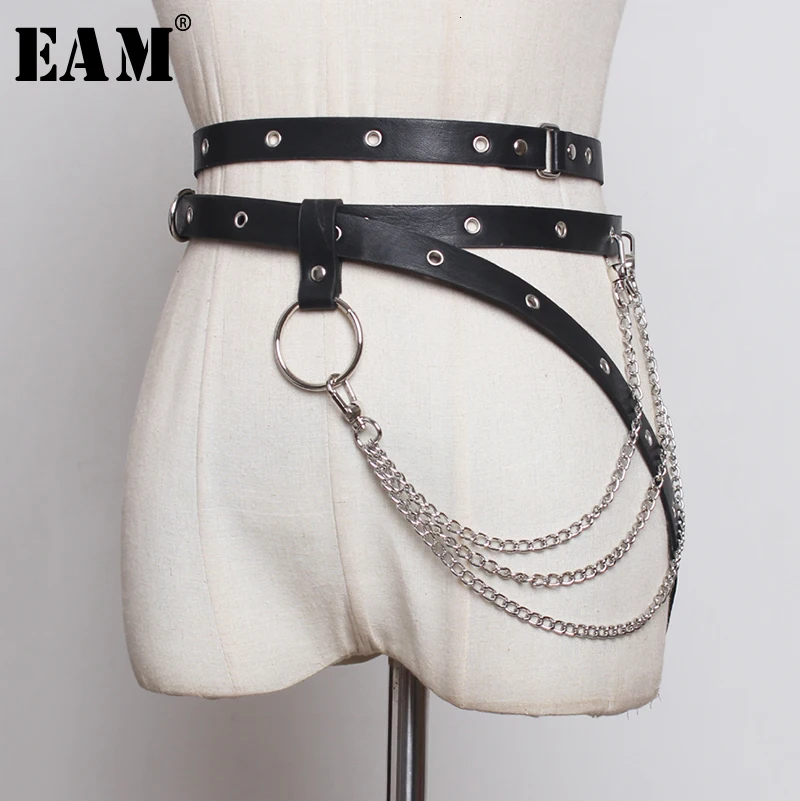 

[EAM] Pu Leather Black Chain Hollow Out Split Long Belt Personality Women New Fashion Tide All-match Autumn Winter 2019 1B949