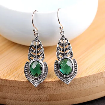 

S925 Sterling Silver Ornament Thai Silver Leaves Vintage Women's Crystal Ear Pendant