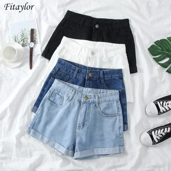 

Fitaylor New Summer Women High Waist Wide Leg Classic Solid Color Black Denim Shorts Casual Female White Blue Loose Jeans Shorts