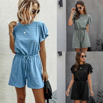 

Striped Playsuit Women Casual Loose Short Sleeve Daily Playsuit Office Summer Beach Holiday Jumpsuit Body Mujer