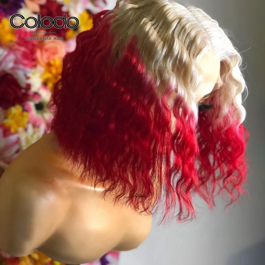 Колодо 150% Плотность Красный Омбре боб парик на кружеве бесклеевая глубокая волна 13х4 короткие парики из человеческих волос Remy бразильские парики для женщин