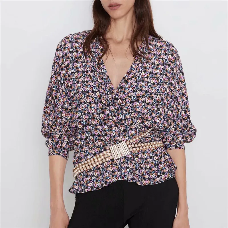 

Women retro floral print Cross V neck blouse bow tie sashes elastic waist shirt vintage chic 2019 autumn casual tops blusas