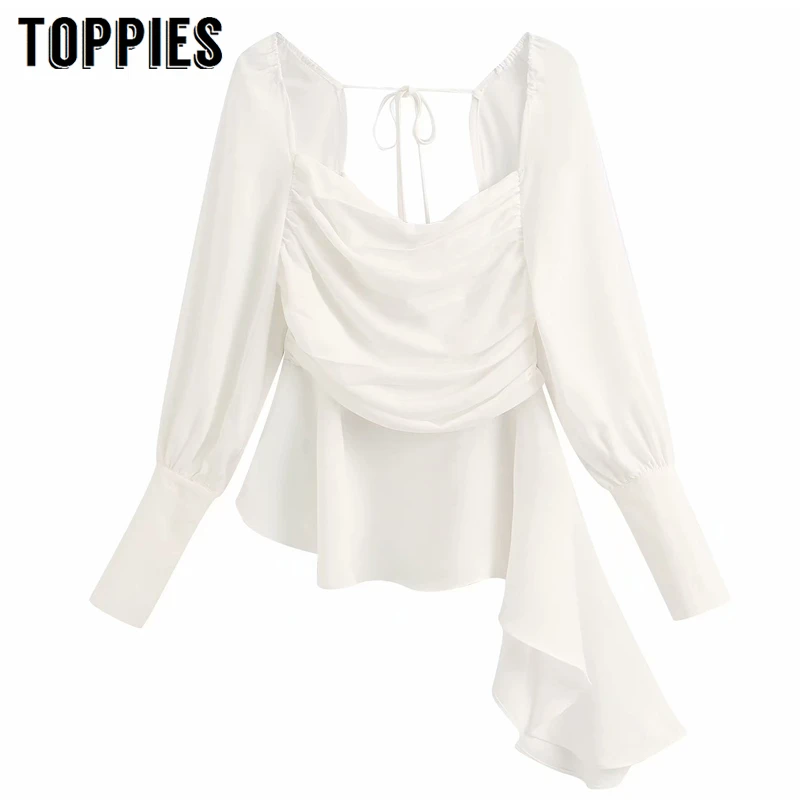  White Asymetrical Shirts Strapless Tops Blouses Women Lace-up Waist Sexy Long Sleeve Shirts