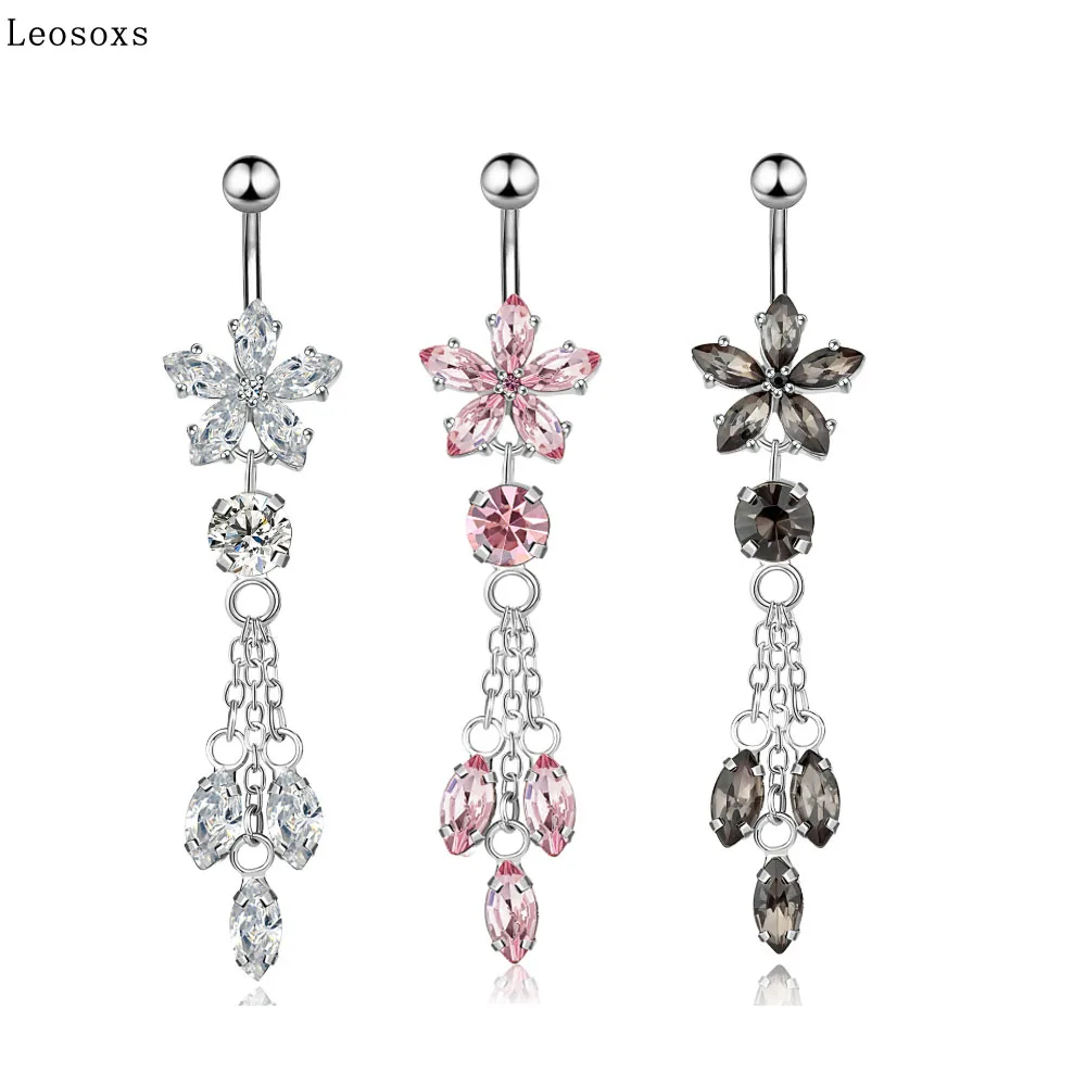 

Leosoxs 1 Pcs Hot Selling Stainless Steel Flower-shaped Tassel Pendant Belly Button Ring Umbilical Nail Body Piercing Jewelry