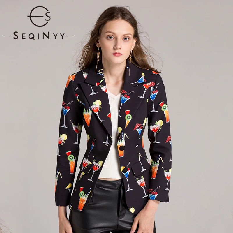 SEQINYY Black Blazer Autumn New Fashion Design Long Sleeve Women Wine Glass Printed Female Jacket