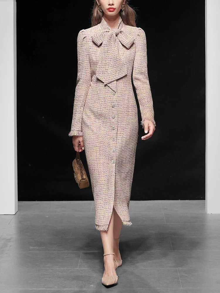 Весеннее плотное длинное шерстяное пальто с воротником-бантиком, женское приталенное шерстяное пальто в клетку с длинным рукавом, Тренч для женщин, шерстяная верхняя одежда - Цвет: Розовый