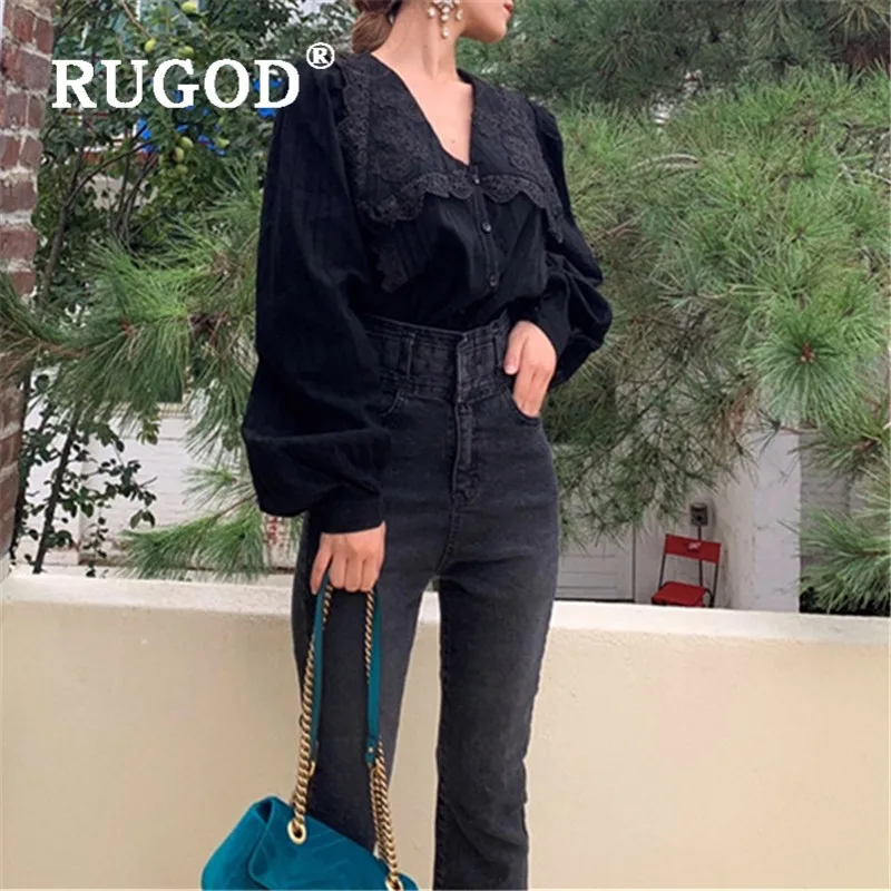 RUGOD Весенняя винтажная блузка, женские блузки с длинным рукавом, элегантный топ, корейская модная одежда, женские рубашки, Повседневная рубашка с v-образным вырезом