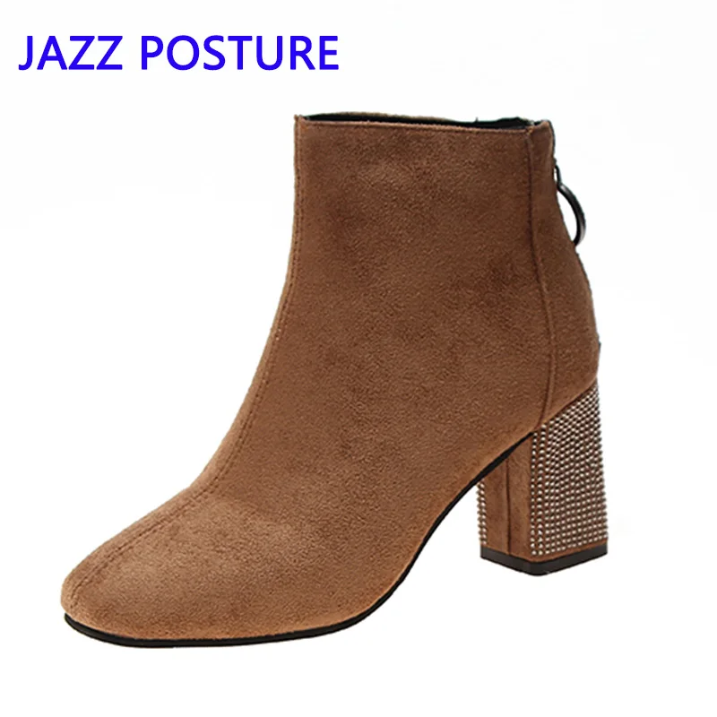 

New ladies and ankle boots thick with rhinestones comfortable square head thin section flocking lace zipper autumn winter q139