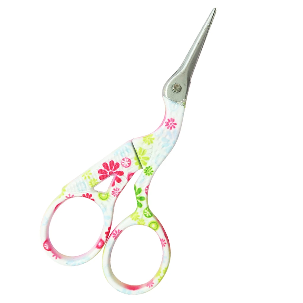 Vintage European Style Needlework Embroidery Scissors, Stork Shape, Printed Flower Pattern