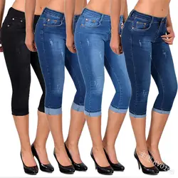 Джинсы с отворотами для женщин, джинсы для мам, укороченные штаны, рваные джинсы средней посадки на молнии