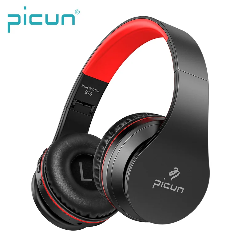 Black-red Новейшая Picun B16 складные басовые музыкальные беспроводные наушники Bluetooth гарнитура Smart Touch управление Поддержка tf карты наушники - Цвет: Black-red