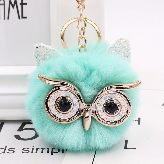 Cute Sequin Ears Owl Keychain Fluffy Artificial Rabbit Hairy Pom-pom Keychain Women's Shoulder Bag Owl Pendant Key Ring