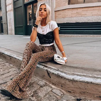 

Women Fashion Casual Pants Leopard Print High Waisted Slim Fit Wide Leg Flare Pants High Quality Pants 2.21