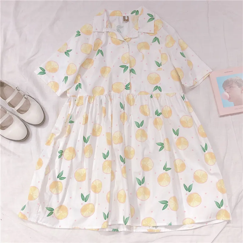 Японское летнее женское милое платье с коротким рукавом, с фруктовым принтом, консервативный стиль, для девочек-подростков, милое свободное платье Kawaii Mori Girl, студенческое платье - Цвет: Yellow