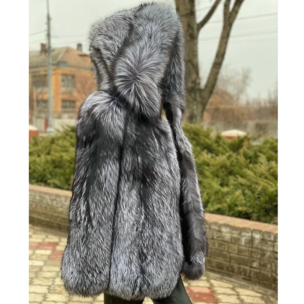 Mid-length Real Silver Fox Fur Jacket with Hood Women Winter Fashion Natural Silver Fox Fur Coat Female Thick Warm Fur Overcoats